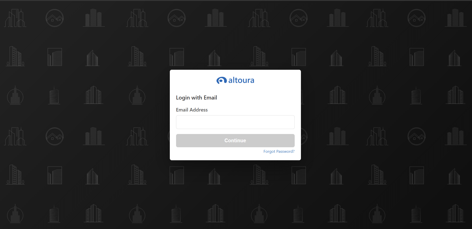 Altoura Login with Email screen showing an empty Email Address field, a disabled Continue button, and a Forgot Password link, with the Altoura logo at the top.