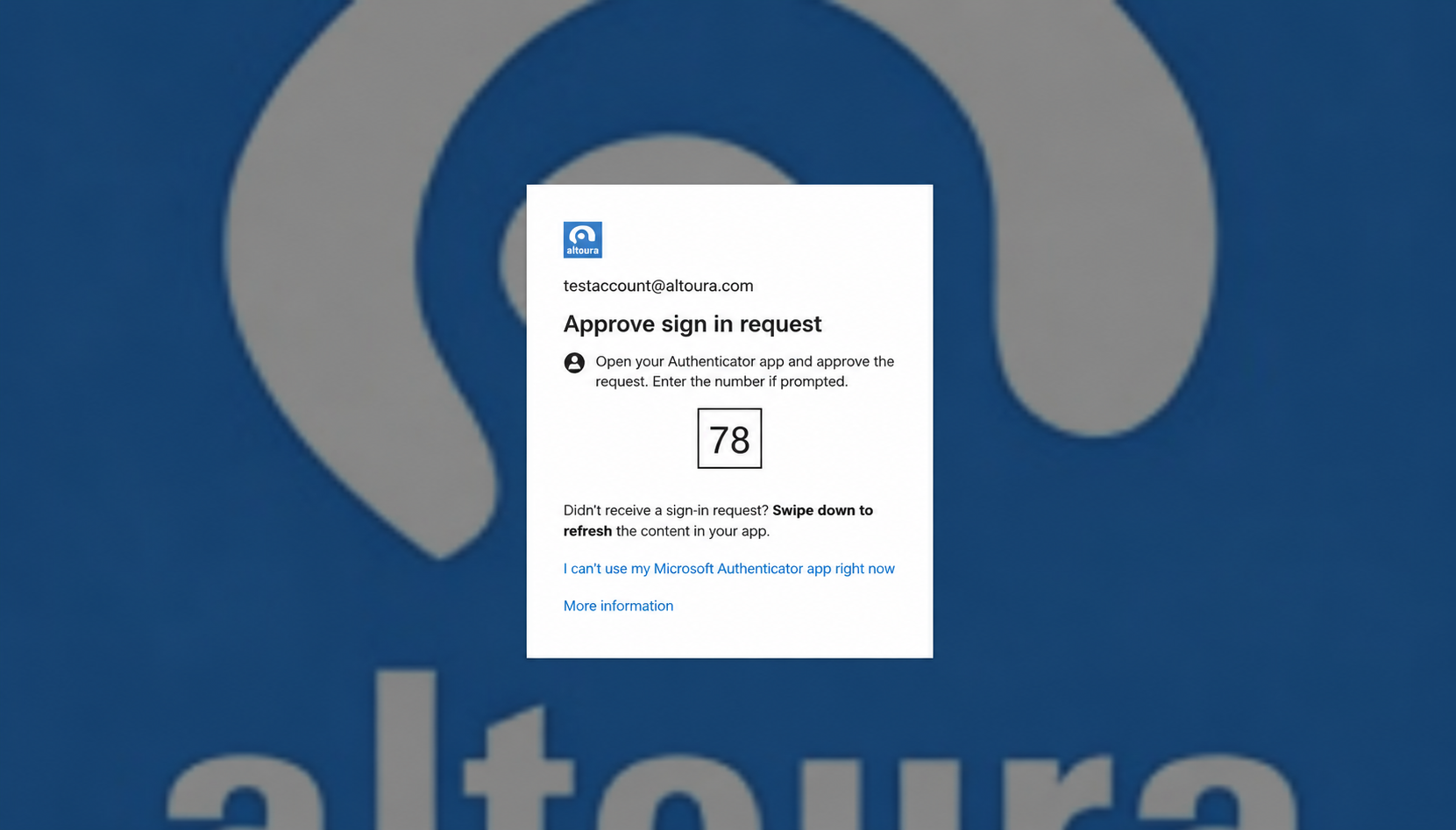 Microsoft 'Approve sign in request' page branded with the Altoura logo, showing a 2-digit verification number, instructions to open the Authenticator app and enter the number, and links for alternative options.