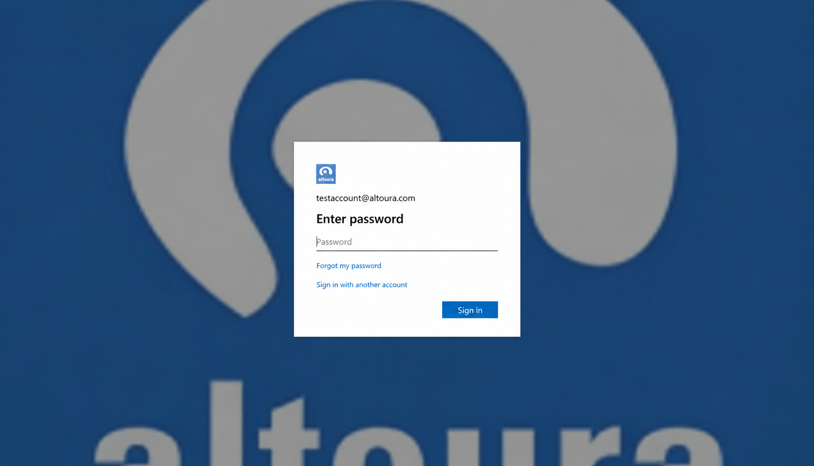 Microsoft 'Enter password' page branded with the Altoura logo, showing the pre-filled email, a Password field, a Forgot my password link, a Sign in with another account link, and a Sign in button.