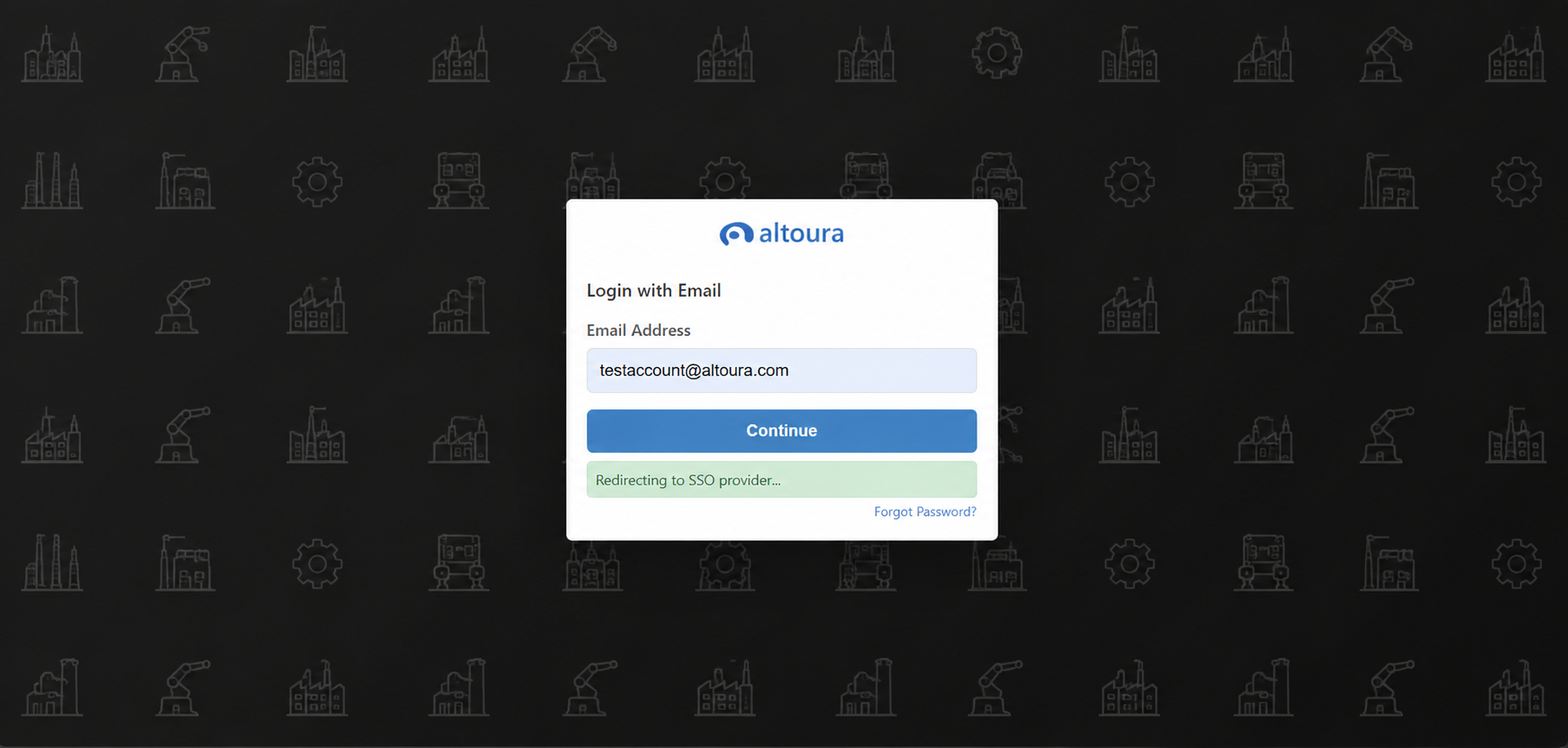 Altoura Login with Email screen with an email address filled in, the Continue button active, and a 'Redirecting to SSO provider...' confirmation message visible below it.