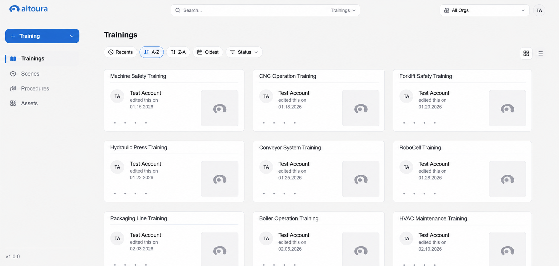 Altoura Portal landing page after sign-in, showing the Trainings page and the left navigation with Trainings, Scenes, Procedures, and Assets.