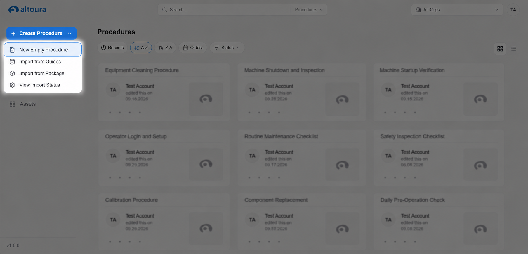 Create Procedure dropdown showing New Empty Procedure, Import from Guides, Import from Package, and View Import Status.