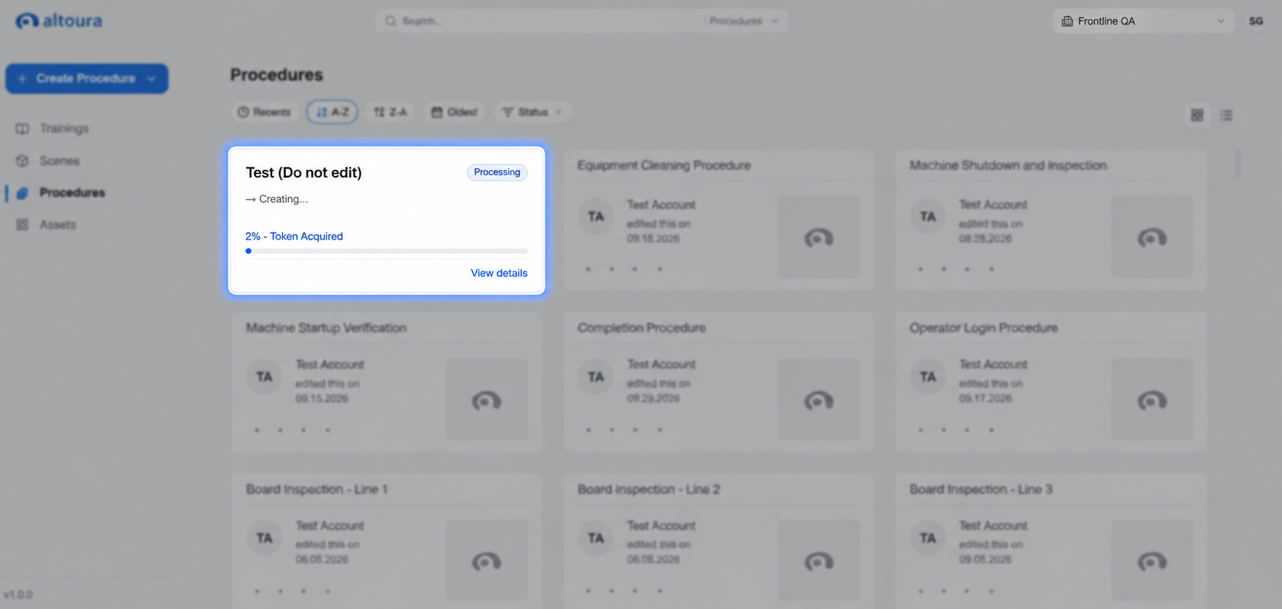 Procedures page showing an in-progress import card with a Processing status, Creating substep, percentage progress, and a Converting progress bar.