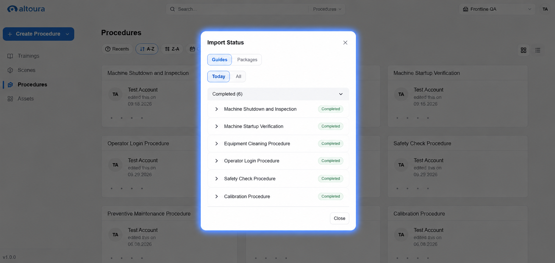 Import Status dialog on the Guides tab with collapsed Completed Today and Older Imports sections.