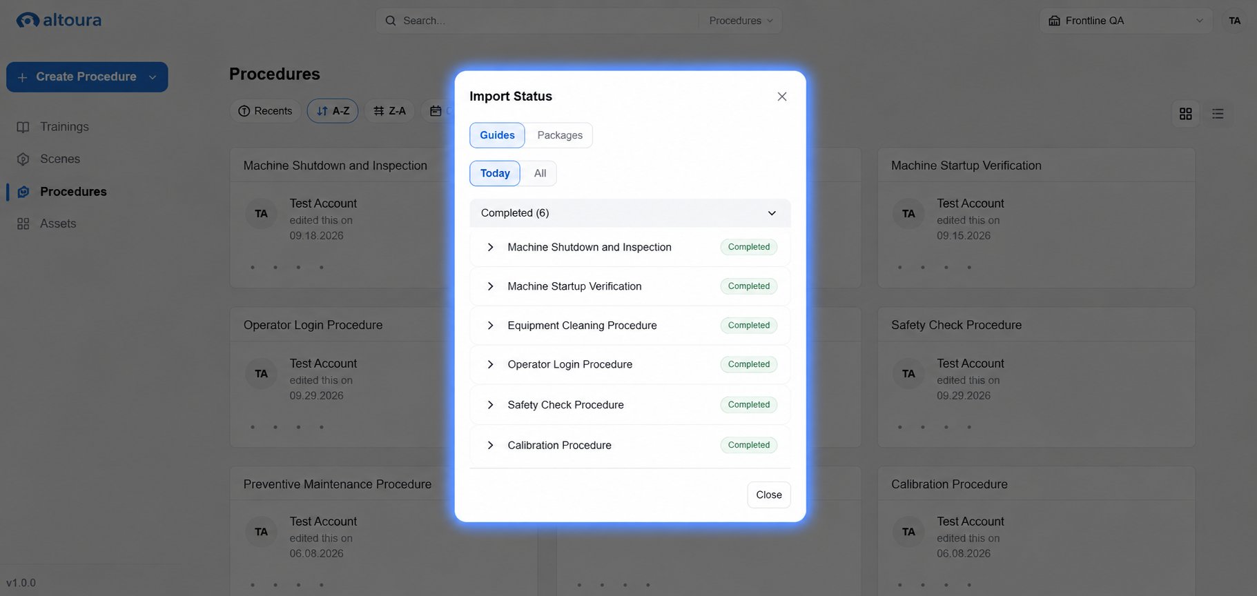 Import Status dialog on the Guides tab with collapsed Completed Today and Older Imports sections.