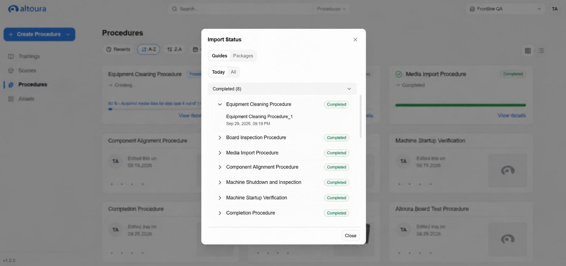 Import Status dialog with the Completed Today and Older Imports sections expanded, showing individual import entries with timestamps and resulting procedure names.