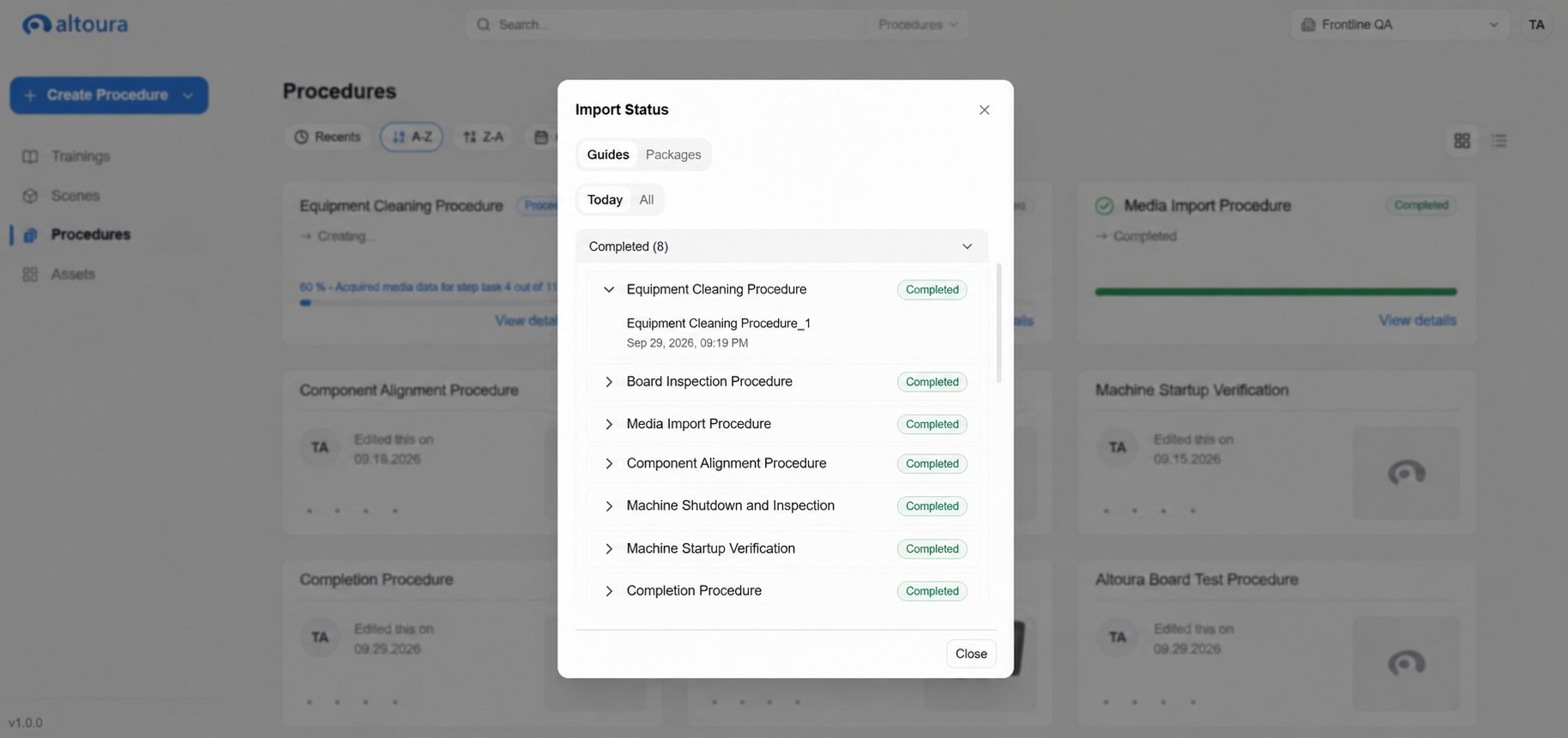 Import Status dialog with the Completed Today and Older Imports sections expanded, showing individual import entries with timestamps and resulting procedure names.