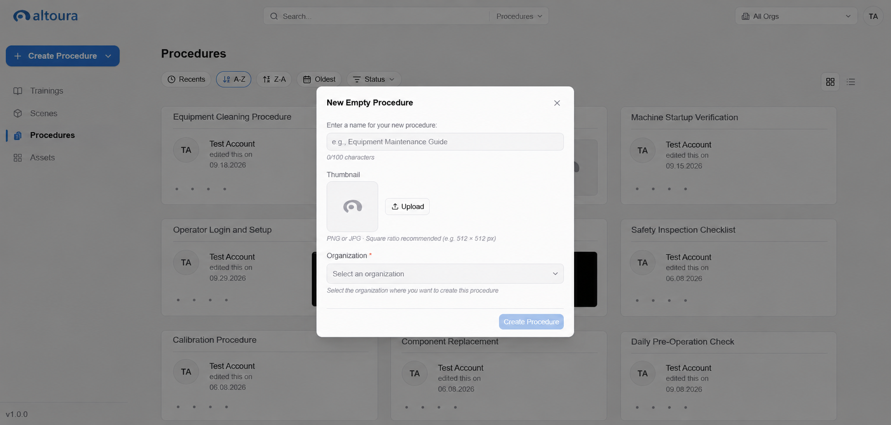 New Empty Procedure dialog with an empty procedure name field, optional thumbnail upload, Organization selector, and disabled Create Procedure button.