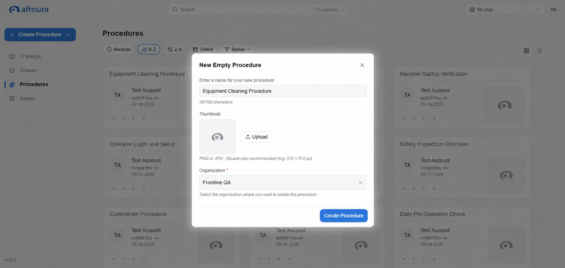 New Empty Procedure dialog with a procedure name entered, an organization selected, and the Create Procedure button active.