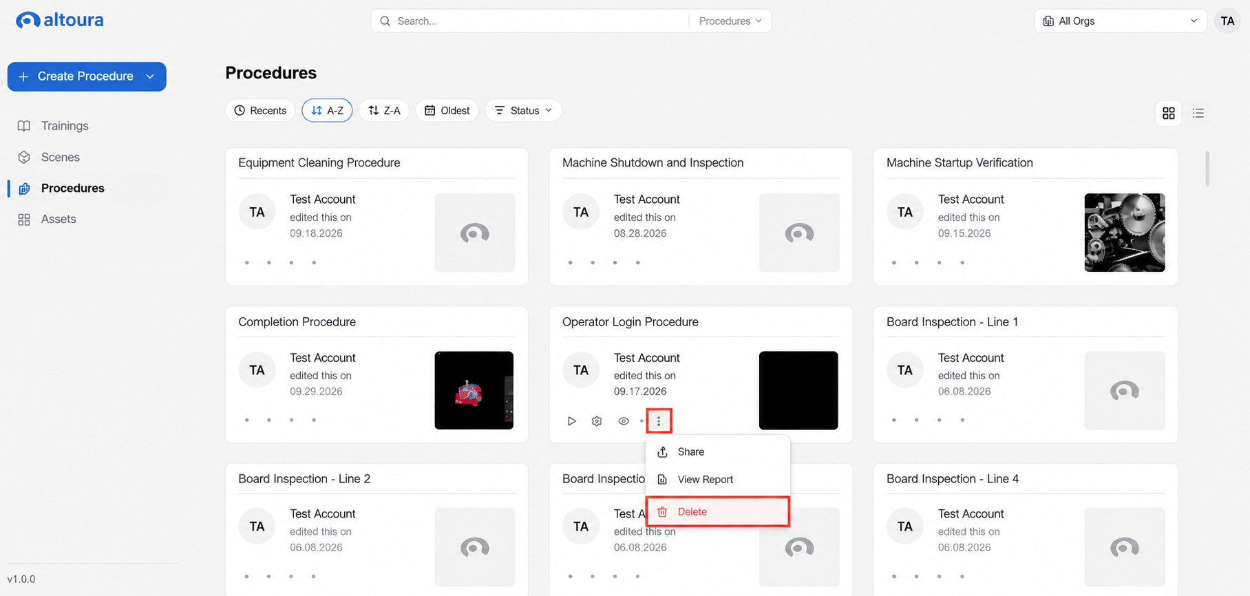 The More options menu for a procedure showing Share, View Report, and Delete.