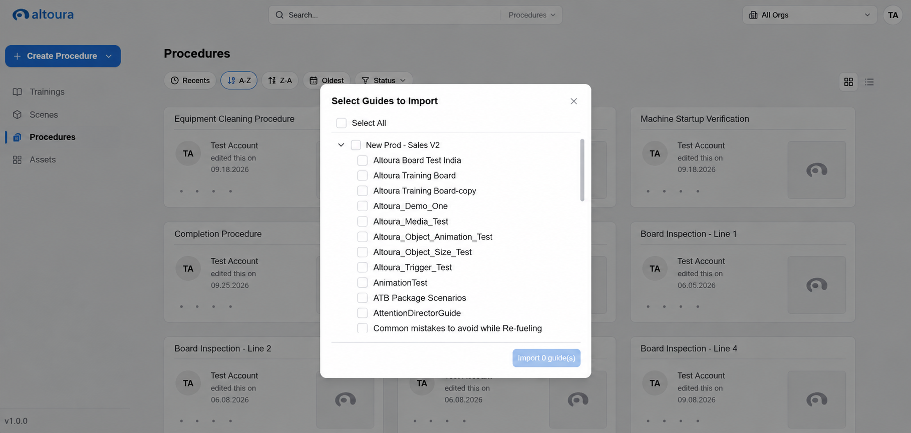 Expanded GuidesProcedures group showing the full list of importable guides, each with a checkbox.