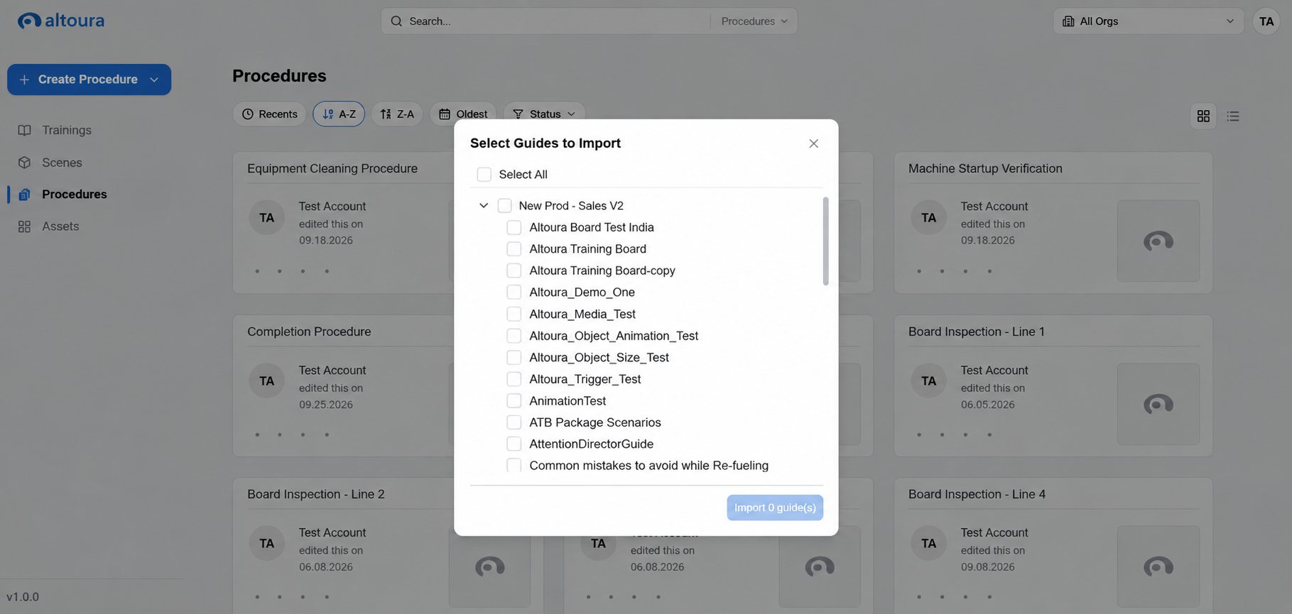 Expanded GuidesProcedures group showing the full list of importable guides, each with a checkbox.