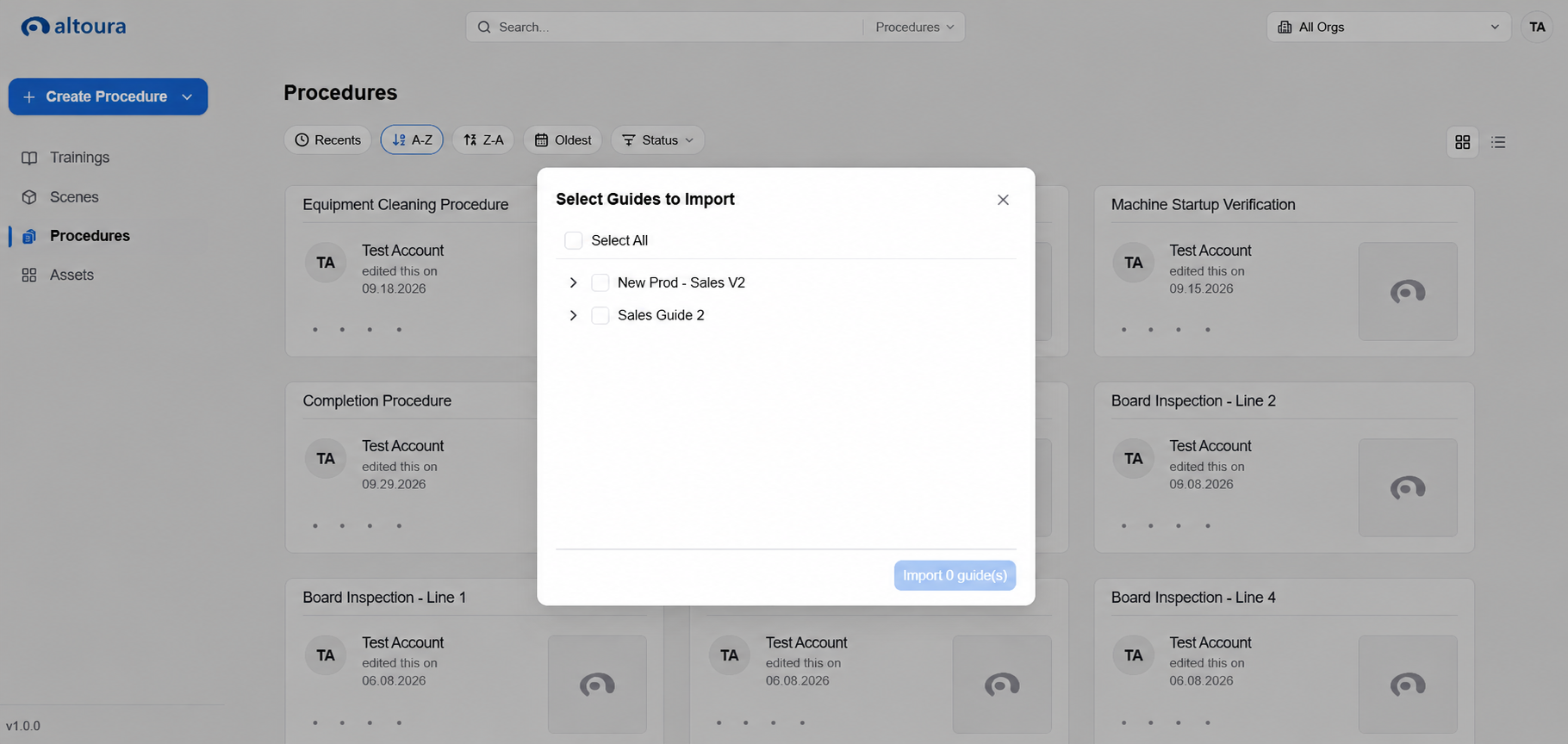 Select Guides to Import dialog with the GuidesProcedures group collapsed.