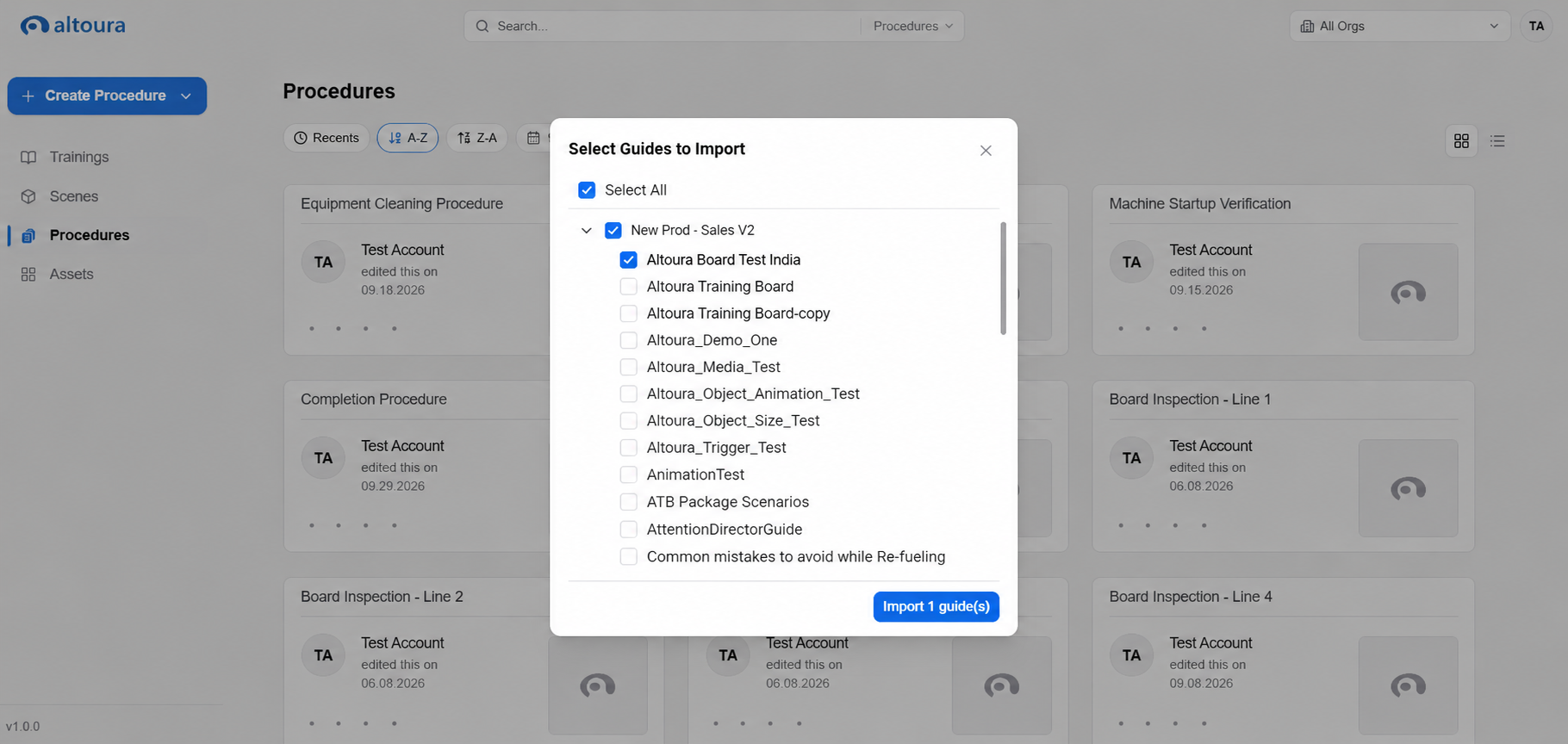 Select Guides to Import dialog with one guide selected; the Import Selected button is now active.