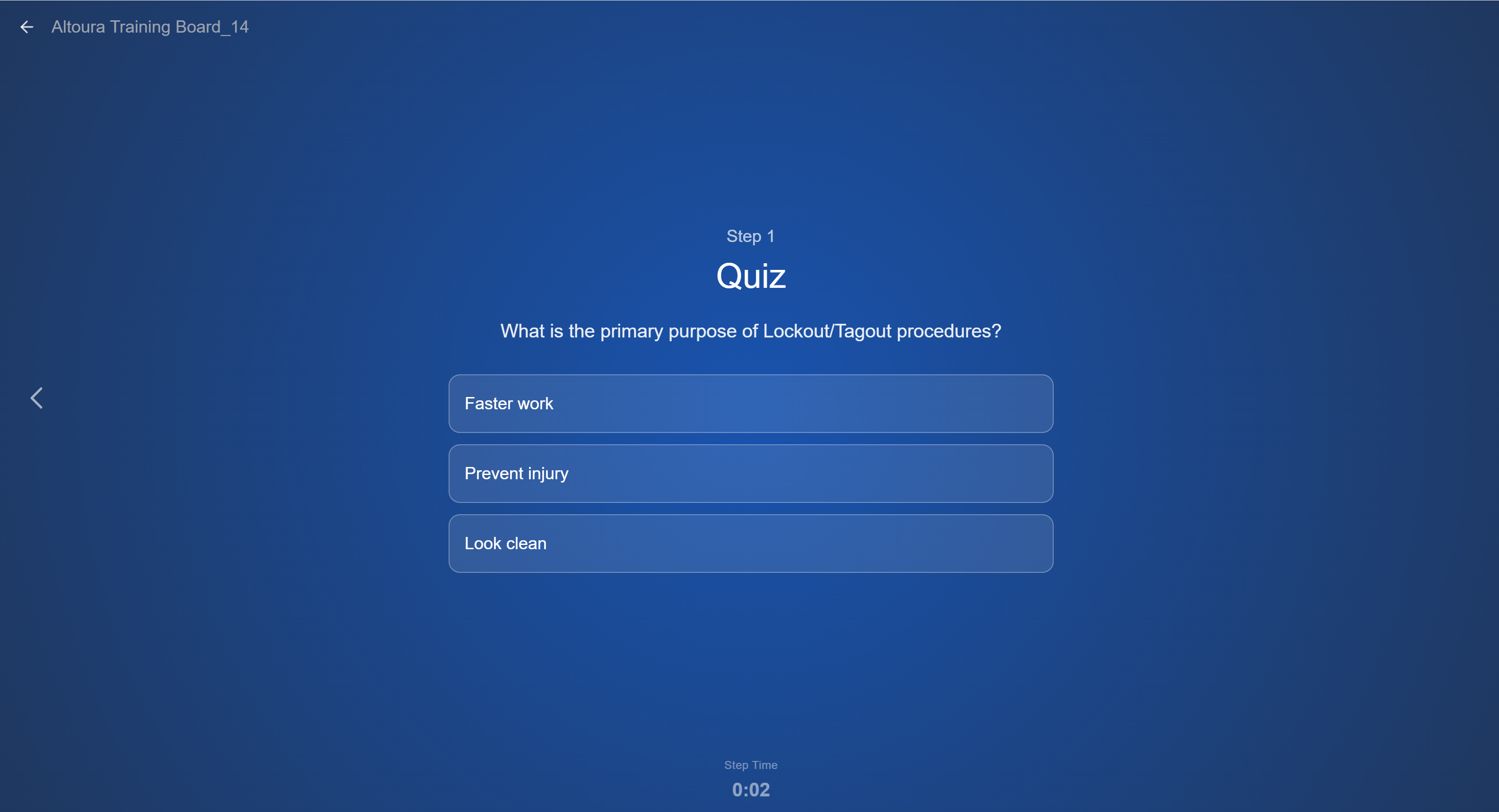Run Mode showing a Choice Step titled 'Quiz' with the question 'What is the primary purpose of Lockout/Tagout procedures?' and three selectable answer options.