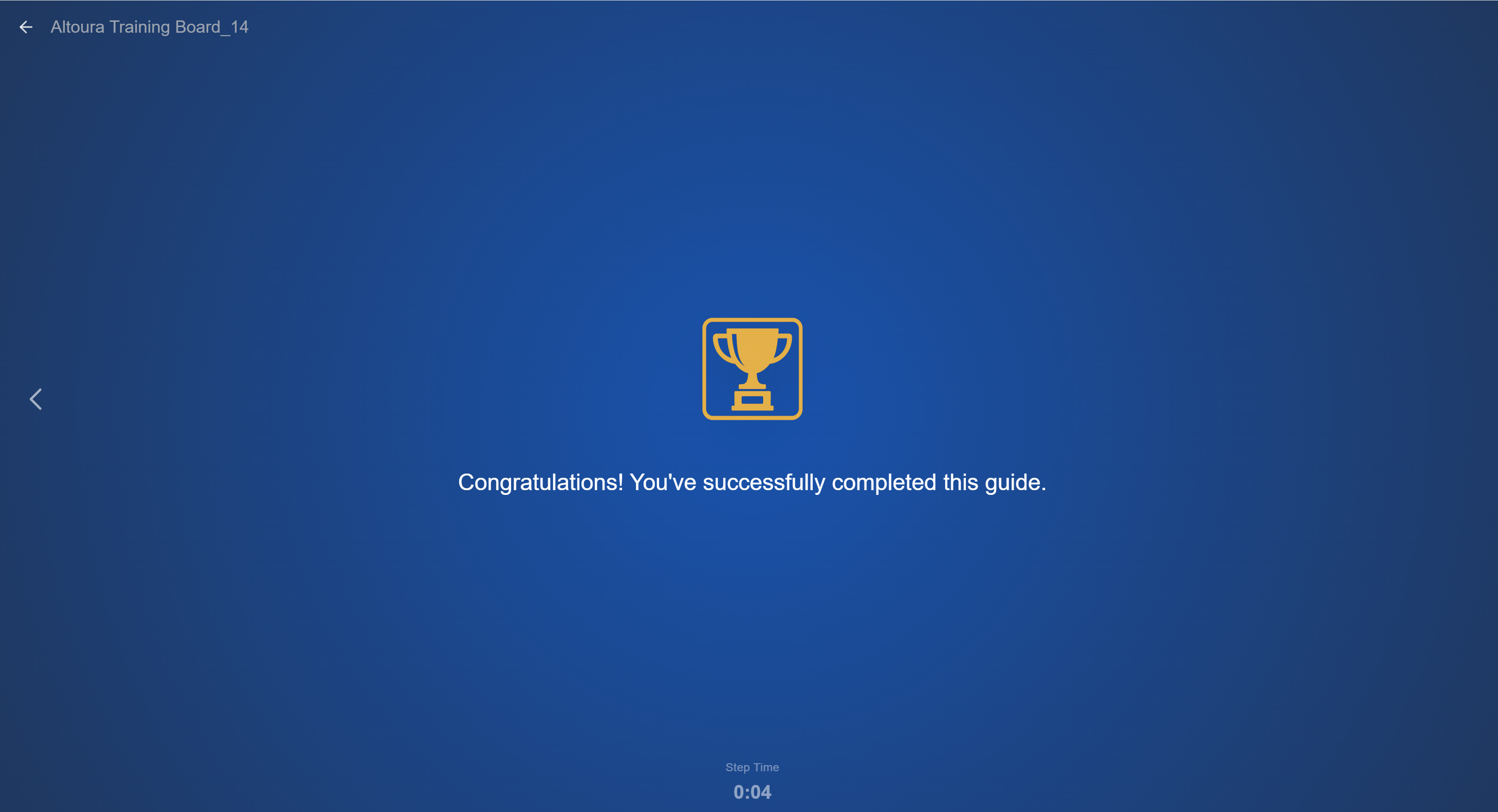 Run Mode completion screen displaying a trophy icon, a congratulations message confirming the procedure was completed, and the final step time at the bottom.