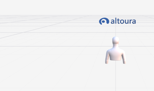 Viewport of a newly created scene showing the Initial User Position mannequin on the grid, with the Altoura logo in the background