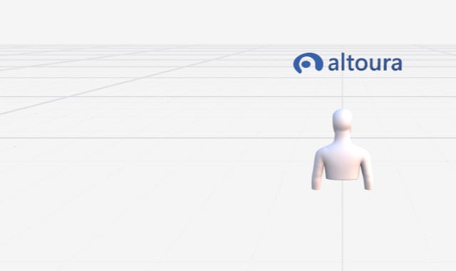 Viewport of a newly created scene showing the Initial User Position mannequin on the grid, with the Altoura logo in the background
