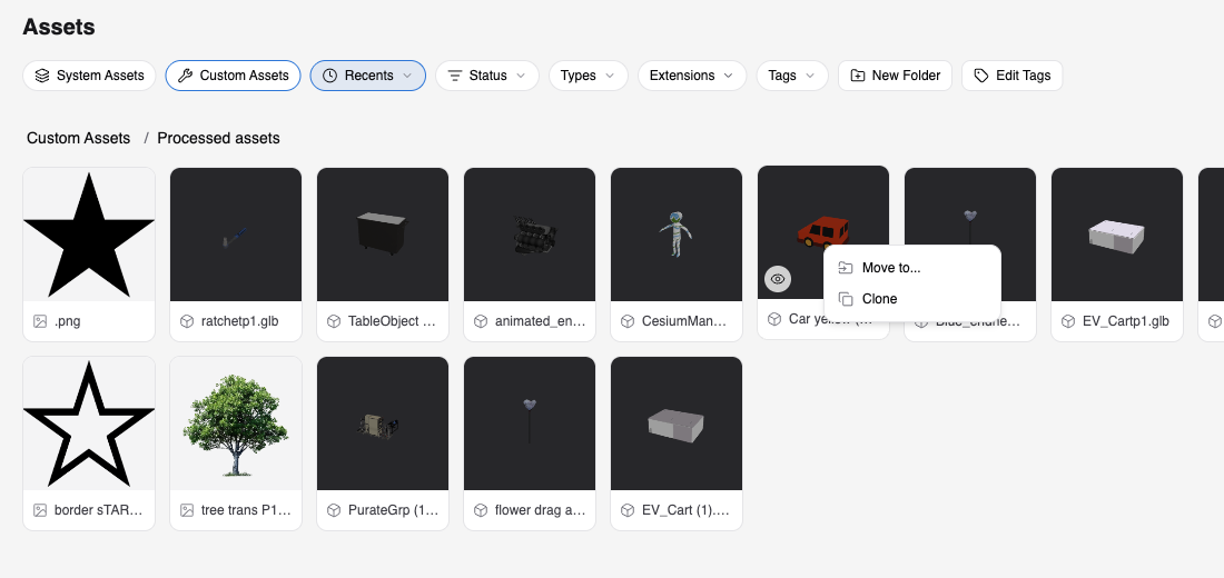 Right-click menu on an asset tile inside a folder showing Move to... and Clone
