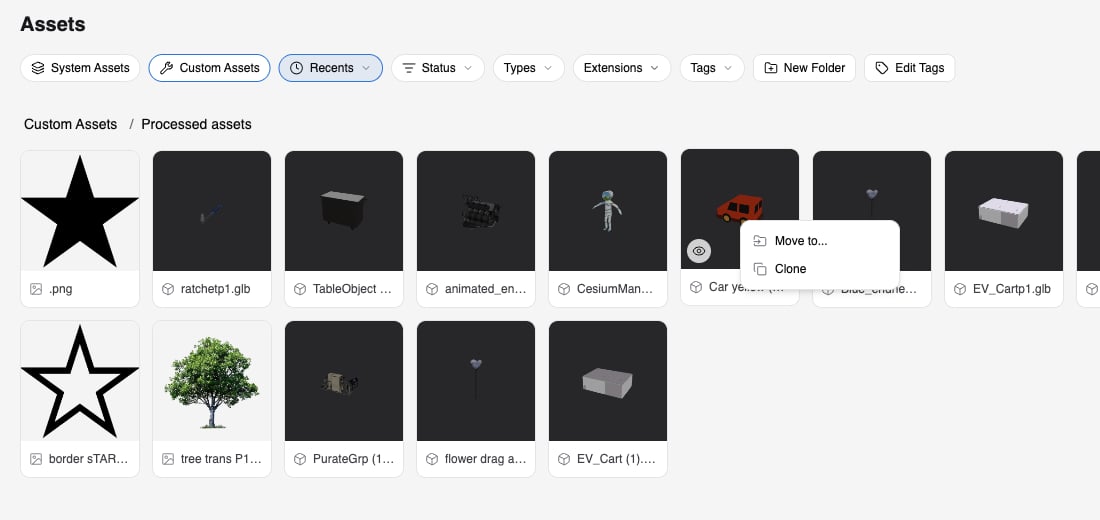 Right-click menu on an asset tile inside a folder showing Move to... and Clone