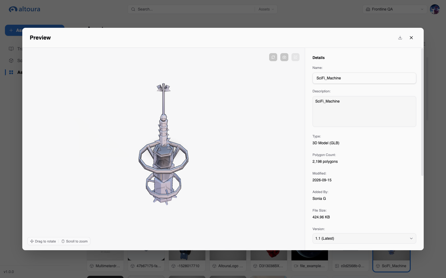 Asset preview of a 3D model with the interactive viewer on the left and the Details panel on the right