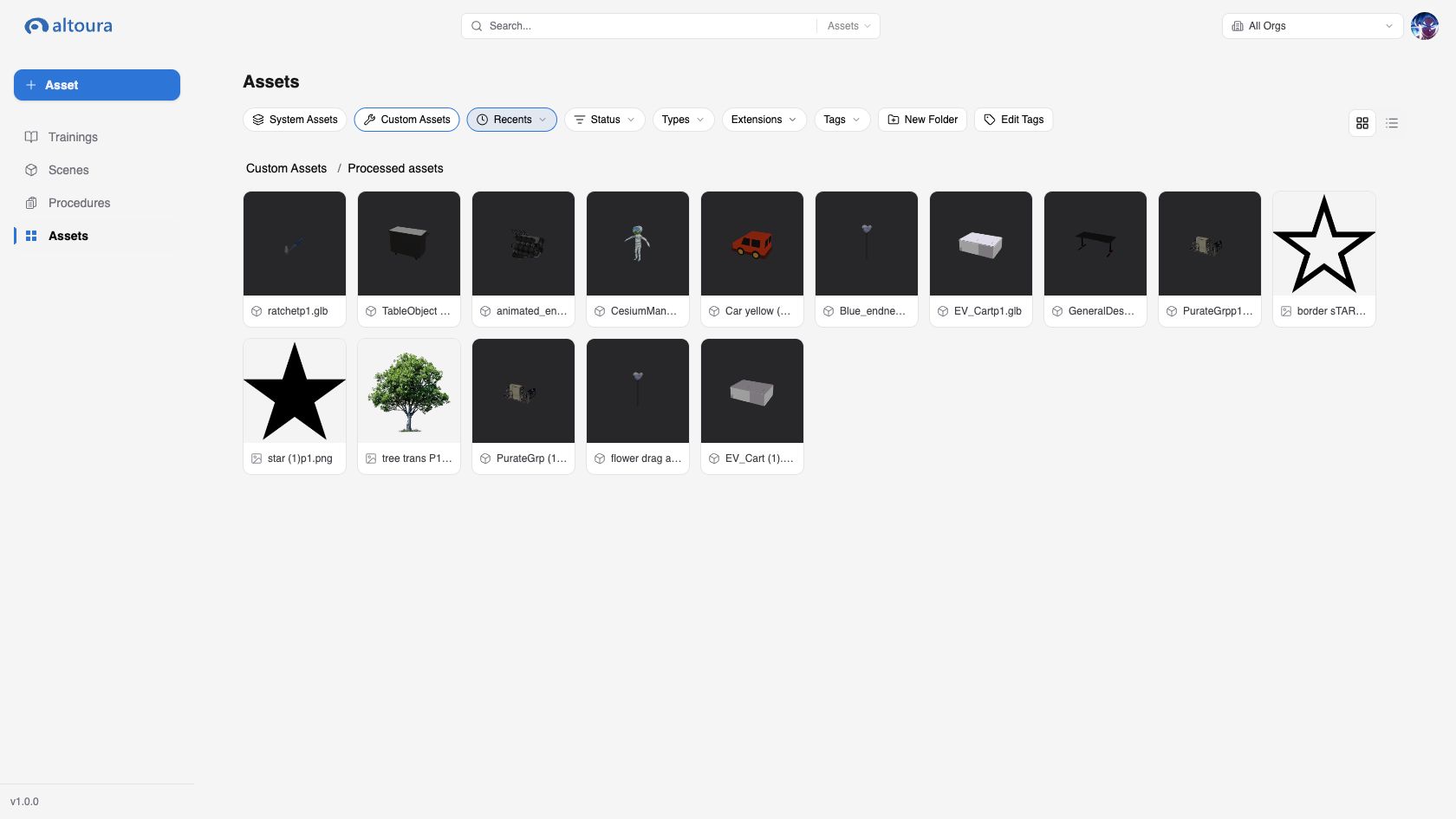 Custom Assets tab open inside a folder, with the breadcrumb showing Custom Assets / Processed assets above a grid of asset tiles