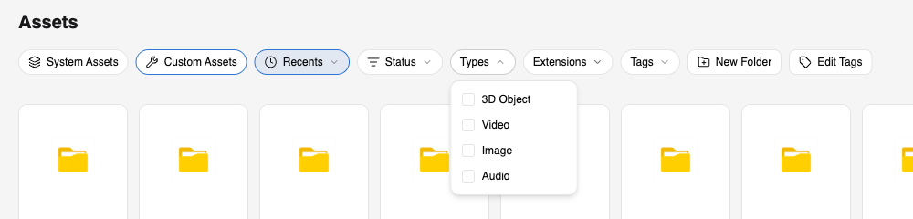 Assets toolbar with the Types filter open showing 3D Object, Video, Image, and Audio check boxes