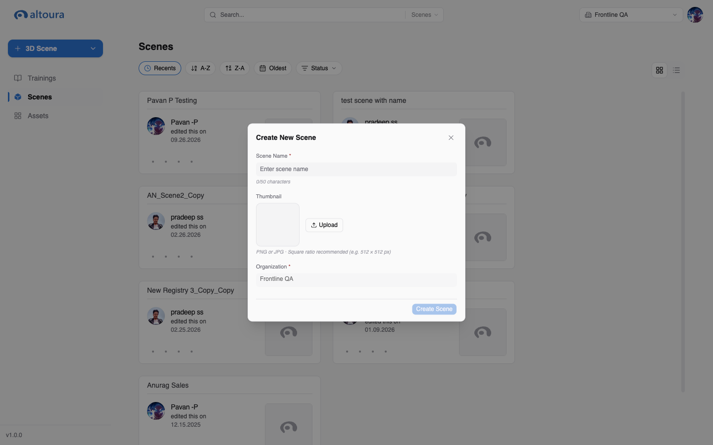Create New Scene dialog with Scene Name, Thumbnail upload, and Organization fields