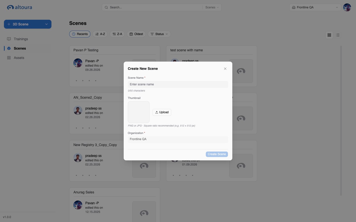 Create New Scene dialog with Scene Name, Thumbnail upload, and Organization fields