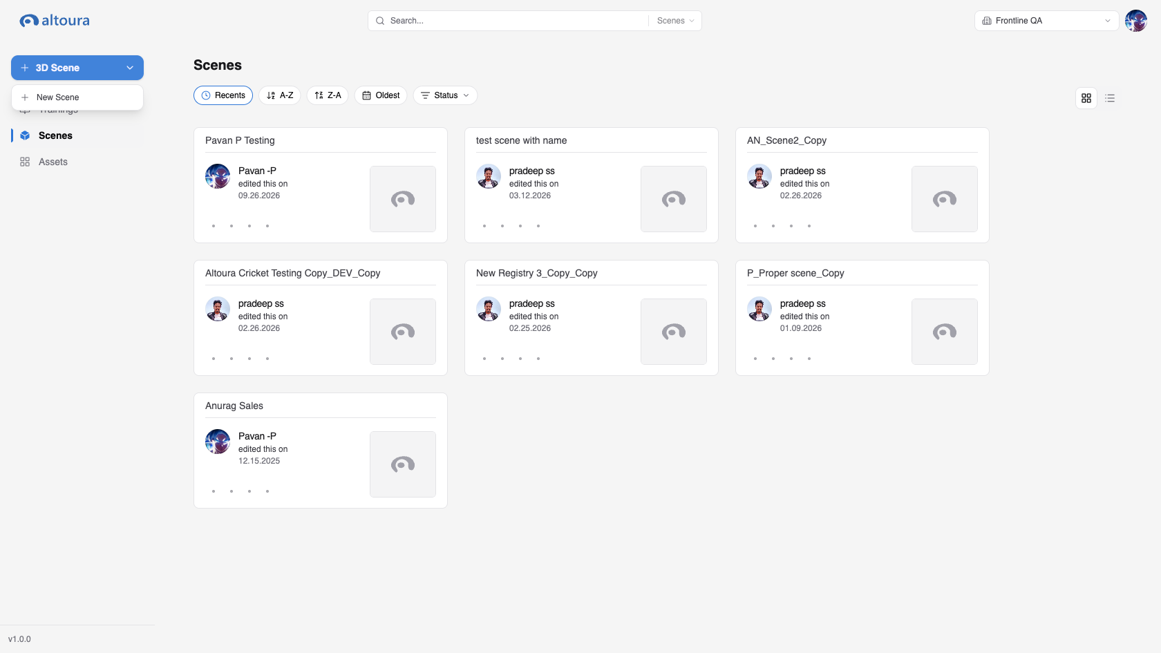 Create Scene menu open in the sidebar showing New Scene
