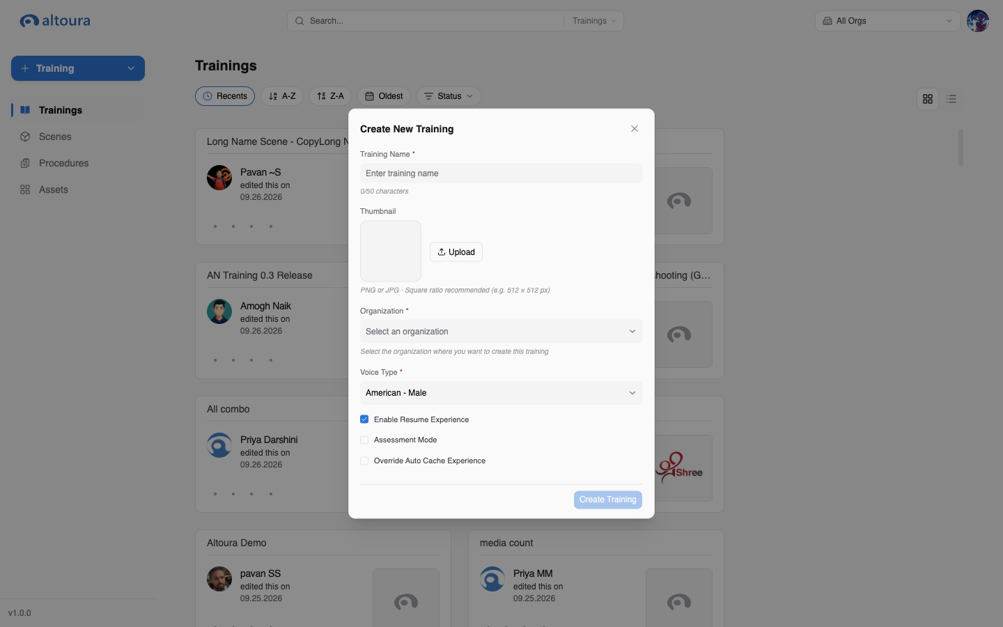 Create New Training dialog with Training Name, Thumbnail upload, Organization, Voice Type, and experience options