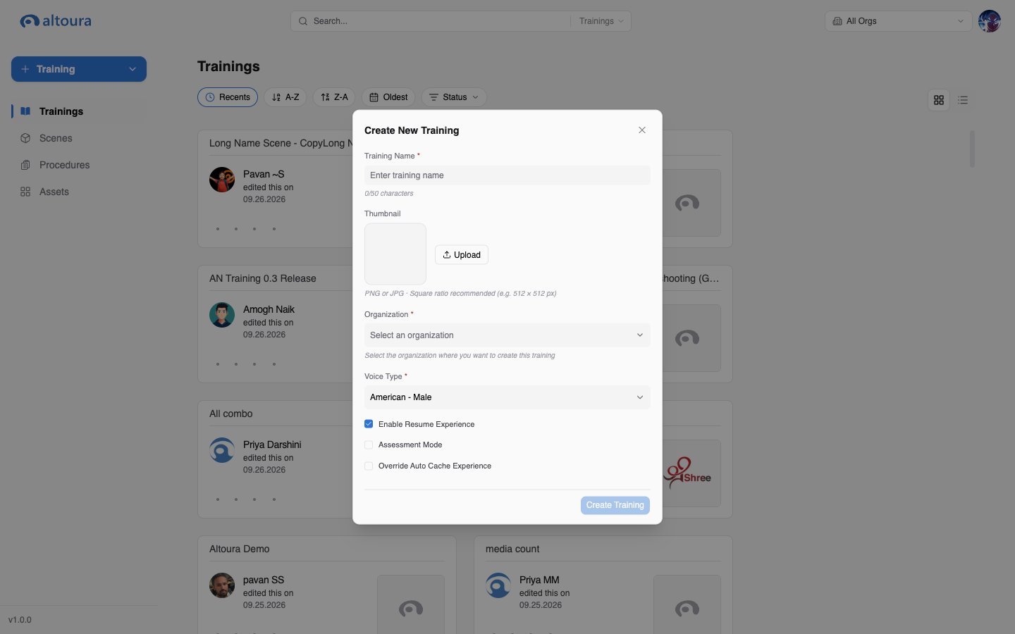 Create New Training dialog with Training Name, Thumbnail upload, Organization, Voice Type, and experience options