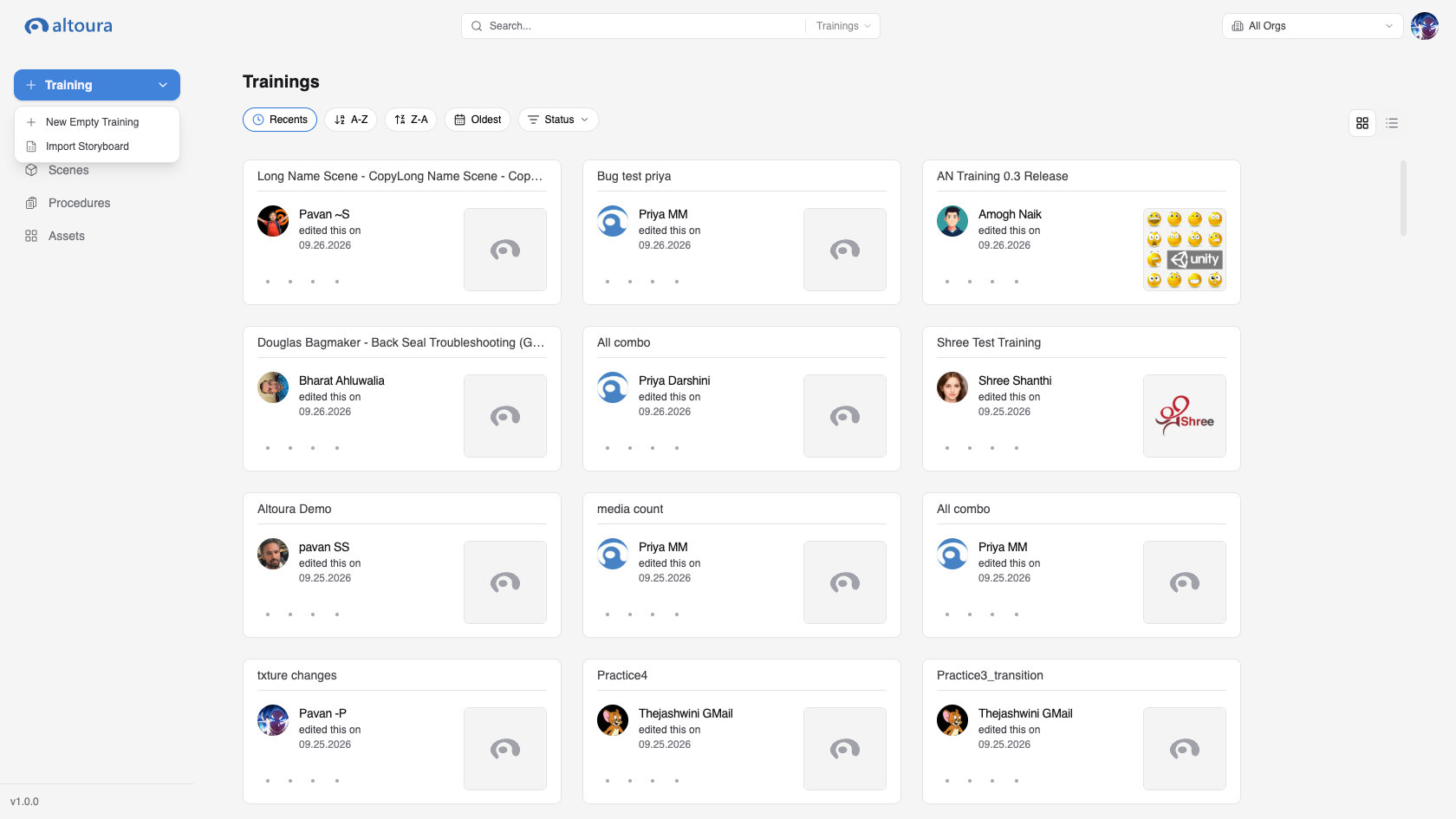 Create Training menu open in the sidebar with New Empty Training and Import Storyboard