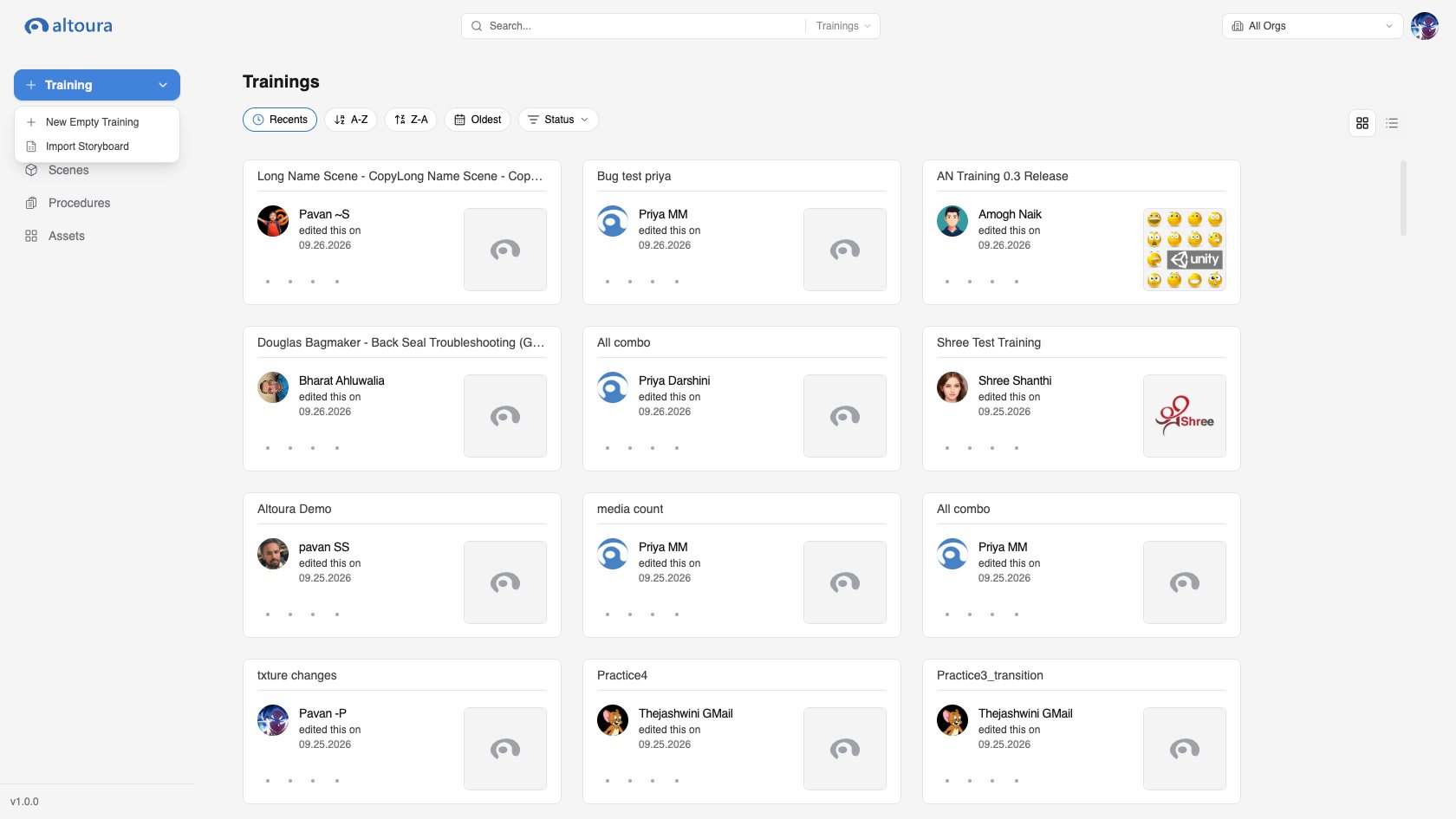 Create Training menu open in the sidebar with New Empty Training and Import Storyboard