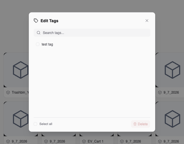 Edit Tags dialog with a Search tags box, one tag listed with a check box, and Select all and Delete controls at the bottom