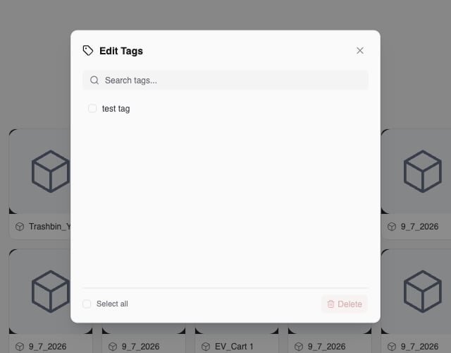 Edit Tags dialog with a Search tags box, one tag listed with a check box, and Select all and Delete controls at the bottom