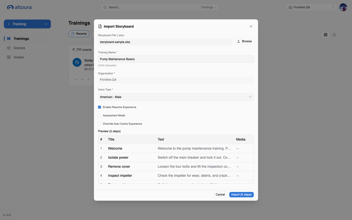 Import Storyboard dialog with a selected workbook, training settings, and a Preview table listing five steps