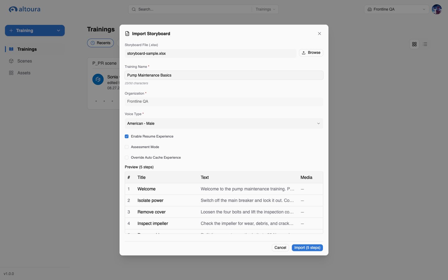 Import Storyboard dialog with a selected workbook, training settings, and a Preview table listing five steps
