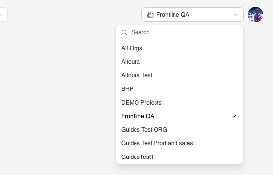 Organization picker open in the header with a search box, All Orgs at the top, and a check mark next to the current organization