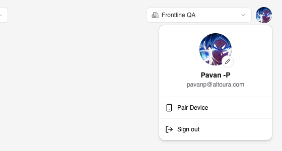 Profile menu open in the top-right corner of the Dashboard showing the user's picture, name, email, Pair Device, and Sign out