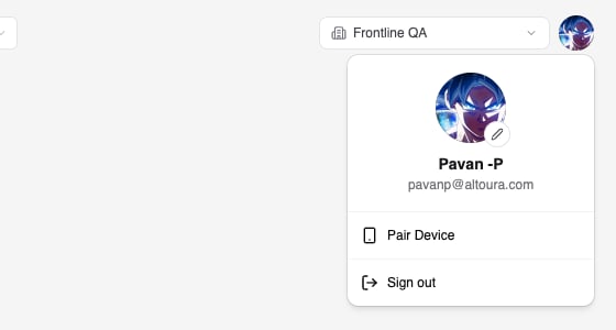 Profile menu open in the top-right corner of the Dashboard showing the user's picture, name, email, Pair Device, and Sign out