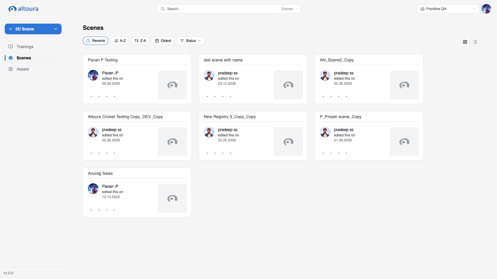 Scenes page in grid view showing scene cards with name, author, date, and thumbnail