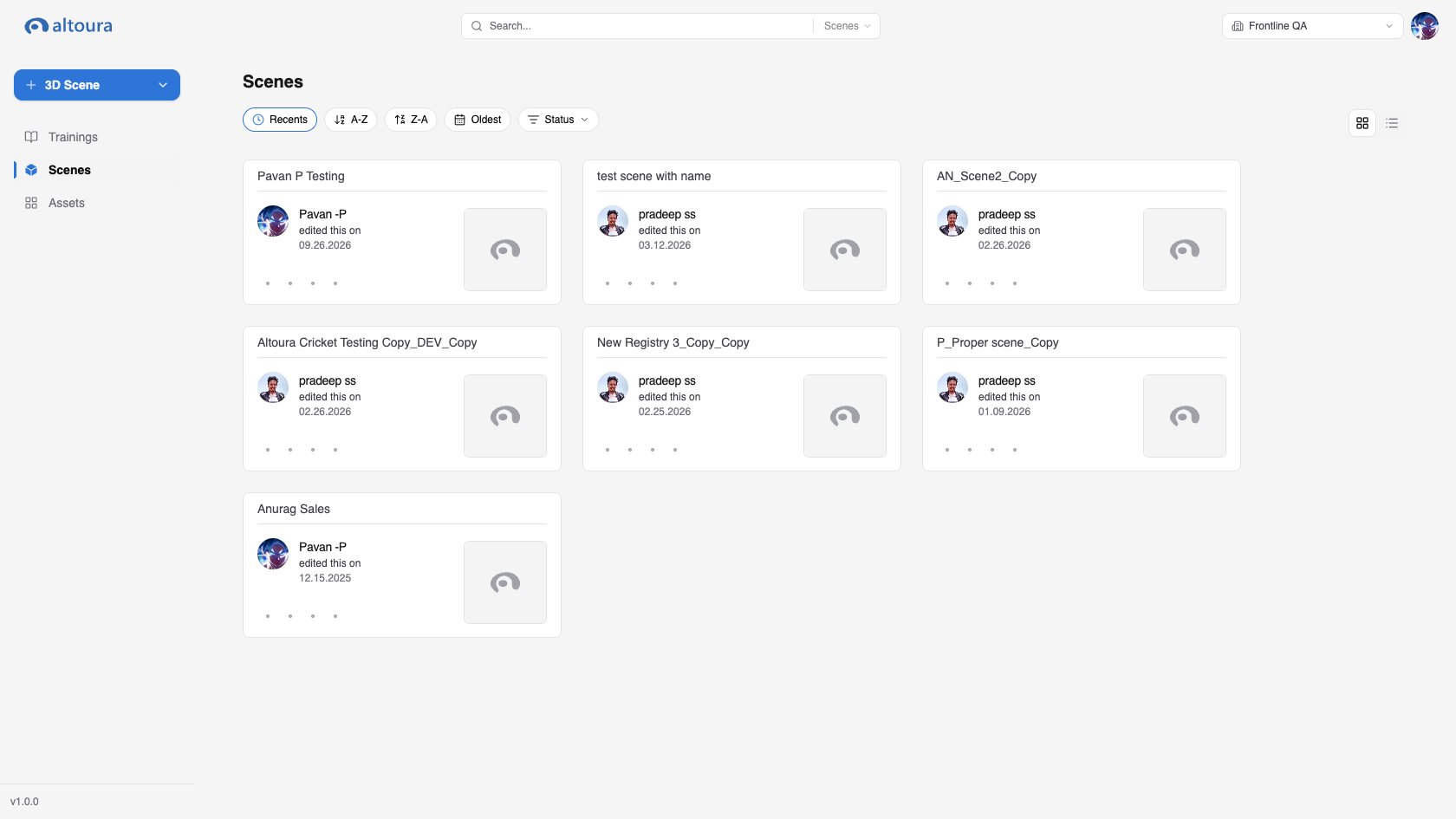Scenes page in grid view showing scene cards with name, author, date, and thumbnail