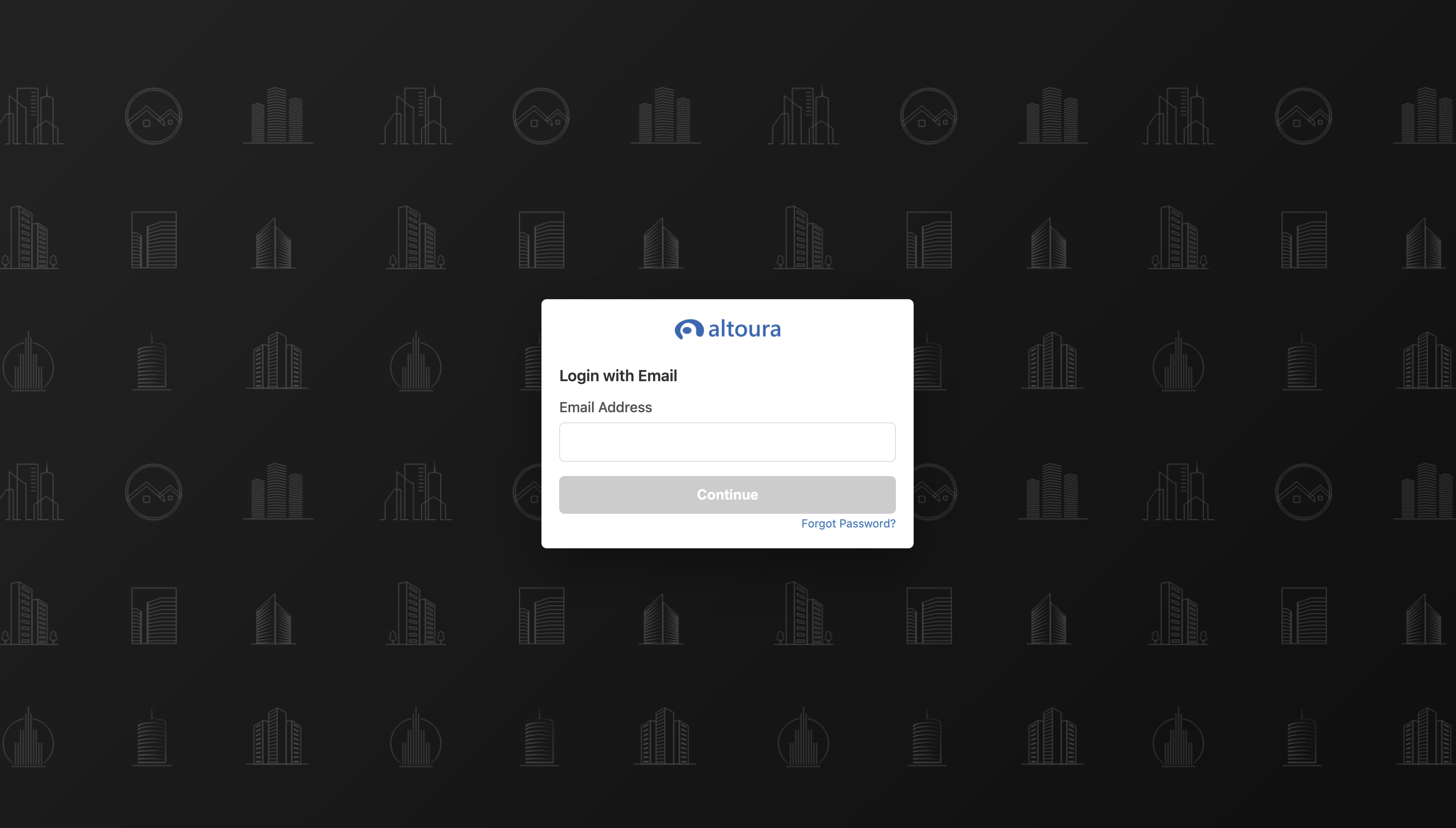 Altoura sign-in page with the Login with Email form, an Email Address field, a Continue button, and a Forgot Password link