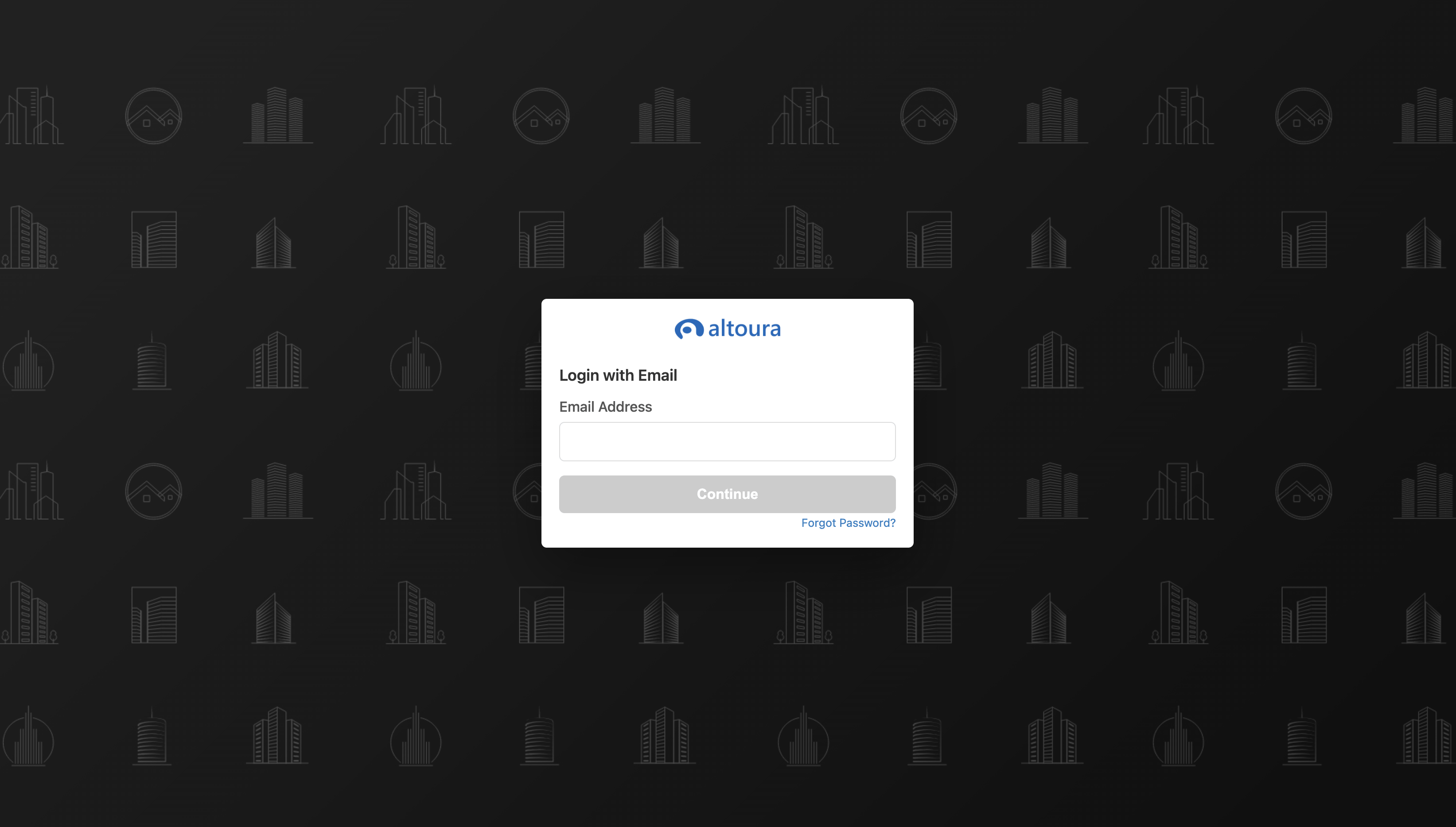 Altoura sign-in page with the Login with Email form, an Email Address field, a Continue button, and a Forgot Password link
