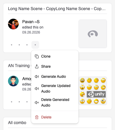 Training card with the More actions menu open showing Clone, Share, Generate Audio, Generate Updated Audio, Delete Generated Audio, and Delete