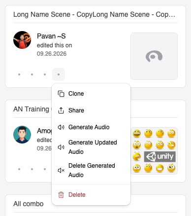 Training card with the More actions menu open showing Clone, Share, Generate Audio, Generate Updated Audio, Delete Generated Audio, and Delete