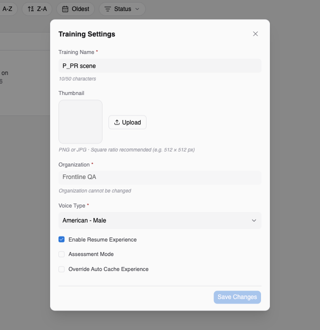 Training Settings dialog with Training Name, Thumbnail, Organization, Voice Type, and the Enable Resume Experience, Assessment Mode, and Override Auto Cache Experience options