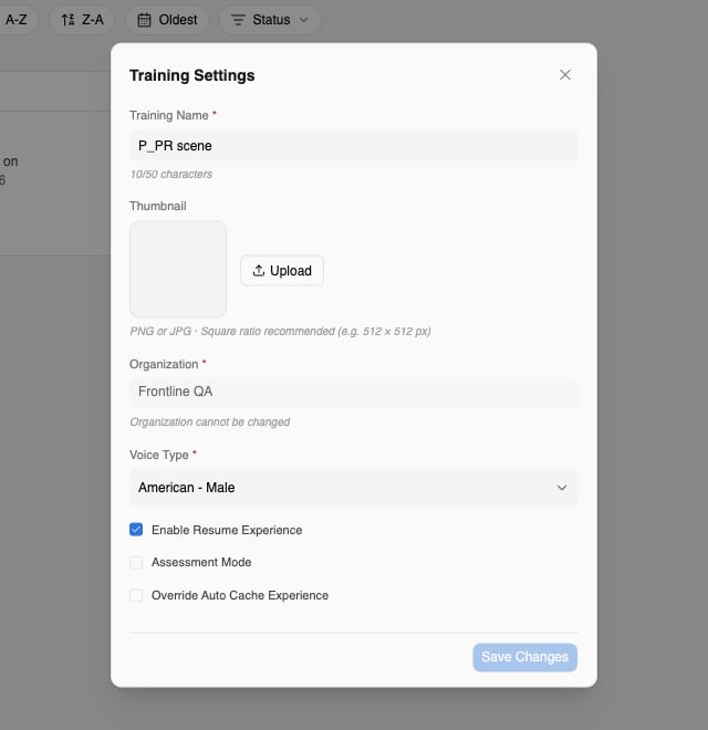 Training Settings dialog with Training Name, Thumbnail, Organization, Voice Type, and the Enable Resume Experience, Assessment Mode, and Override Auto Cache Experience options