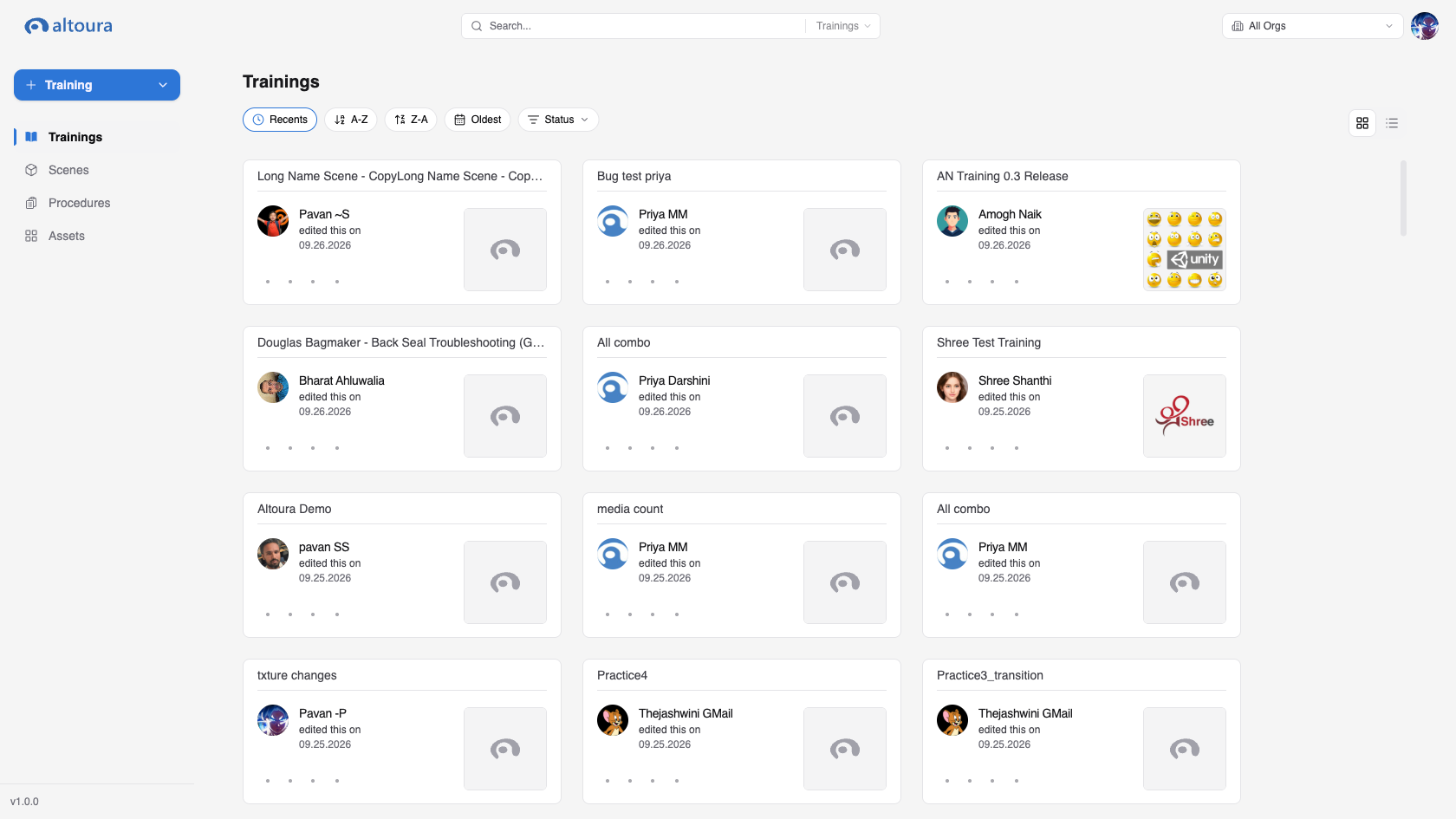 Dashboard Trainings page in grid view with the sidebar, header search, and organization picker